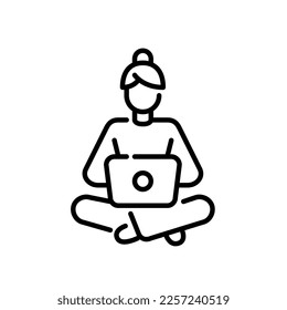 Cozy home office. Girl in pyjamas sitting with a laptop on her knees. Pixel perfect, editable stroke line icon