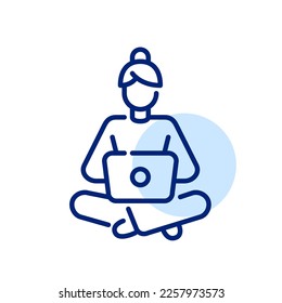 Cozy home office. Girl in pyjamas sitting with a laptop on her knees. Pixel perfect, editable stroke line icon