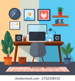 Cozy home office interior in flat vector style featuring computer desk, indoor plants, wall art, shelves and comfortable workspace setup. Ideal for remote work, productivity and modern home office concepts.