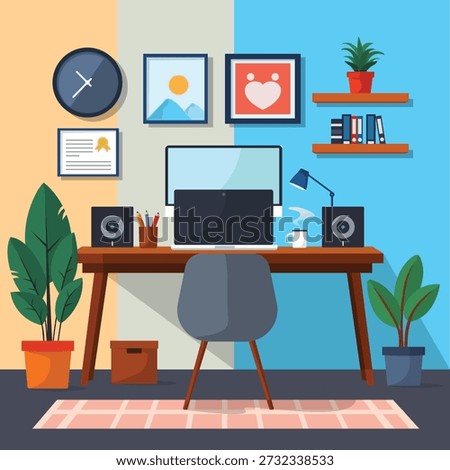 Cozy home office interior in flat vector style featuring computer desk, indoor plants, wall art, shelves and comfortable workspace setup. Ideal for remote work, productivity and modern home office concepts.