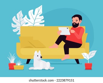 Cozy home office, man working at sofa. Successful remote or distant work, hybrid workplace, flexible working time, perform to full potential, business performance. Vector creative vibrant illustration