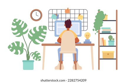 Cozy home office setup with freelancer 2D vector isolated spot illustration. Self employed man with computer flat character on cartoon background. Colorful editable scene for mobile, website, magazine