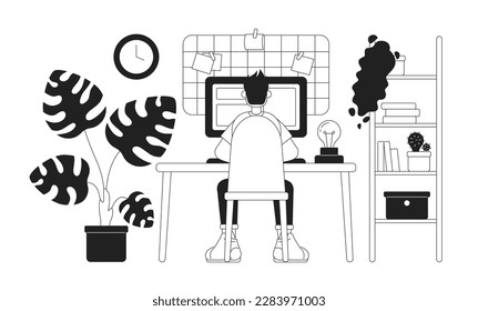 Cozy home office setup with freelancer 2D vector monochrome isolated spot illustration. Flat black and white character on cartoon background. Thin line editable scene for mobile, website, magazine