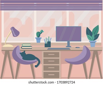 Cozy home office in the style of Hygge. The Desk stands by the large window. Cute interior in pastel colors. Workplace in the house. Vector illustration in flat style. Freelance during the quarantine 