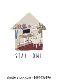 Cozy home office vector illustration. Cute interior for working from home.