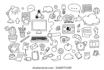 Cozy home office work. Big set vector outline doodles. Business, technology and communication, laptop with keyboard and mouse, office supplies and equipment. Isolated scribble on white background