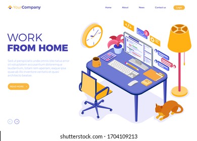 Cozy home office. work from home concept. developing program. computer table chair and desktop pc. creating program for online chat website. isometric banner with cat. isolated vector illustration