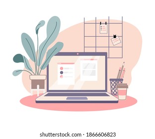 Cozy home office with work desk and laptop for work from home, online education, freelancing. Cute Vector illustration of workplace with scandinavian home decor, plants, isolated on white background.