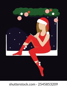 Cozy home office, workplace. Freelance lifestyle. Young woman in Christmas socks sitting on window sill with tablet on isolated background.