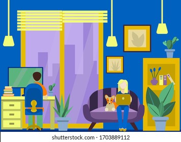 Cozy home office.Man works on a computer.Young man is sitting at a Desk.Girl with a laptop is sitting on the sofa with a dog. Work at home.The family is in quarantine.Vector illustration in flat style