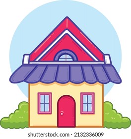 Cozy Home Outdoor Interior Vector Illustration. Hand drawn flat house art with green bush plant. Colorful with pastel tone. Isolated cartoon with white and blue background.