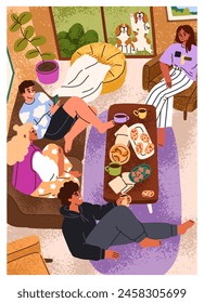 Cozy home party, gathering with friends. Relaxing tea time, hygge leisure in living room. People chatting, talking, resting indoors with snacks on holiday, vertical card. Flat vector illustration