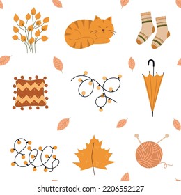 Cozy home pattern with hygge elements. Vector warm and cozy hygge collection of autumn patterns and illustrations in cartoon style.