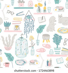 Cozy home pattern. Vector hand drawn illustrations of cute things and pets in a simple cartoon flat scandinavian style in a pastel palette. Stay at home. Isolate on a white background