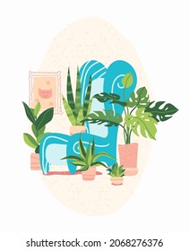 cozy home place with armchair, painting and house plants. home decor and armchair on an oval background. blue comfortable armchair.
