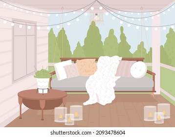 Cozy home porch flat color vector illustration. Comfy sofa with pillows and blanket. Couch near coffee table with houseplant. Nordic style 2D cartoon outdoor scene with furnishing on background