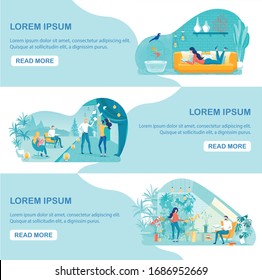 Cozy Home Relax Vector Web Banner Templates Set. Woman Reading Book on Sofa Cartoon Character. Actors Rehearsing on Theater Stage. Female Florist, Horticulture Expert Growing Exotic Flowers