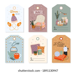 Cozy home. Scandinavian comfort hand drawn interior objects on price tags, warm cute little things for comfort on gift signatures. Furniture and dishes, pillows and blankets on card vector cartoon set