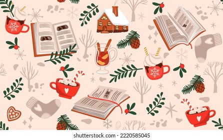 Gemütliches Haus nahtlos Muster mit Büchern, Winterdrink und Haus.Kakao mit Marshmallow, heiße Schokolade, scharfer Wein, Zweige, Zapfen, Socken. Beiger Hintergrund.Vektorgrafik-Illustration.Wintertagskonzept