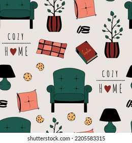 Cozy home seamless pattern. Hand drawn print with armchair, pillows, cookies, lamp. Interior items doodle background