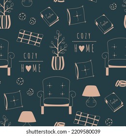 Cozy home seamless pattern. Hand drawn print with armchair, pillows, cookies, lamp. Interior items outline background