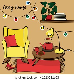 Cozy home set with different house things on colour background. Hygge retro interior in warm colours including armchair, table with lamp and teathings on it, carpet, shelf with anturium and books