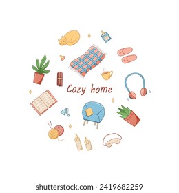 Cozy home set of doodle cartoon icons. Vector illustration elements of home accessories, comfort and everyday life.