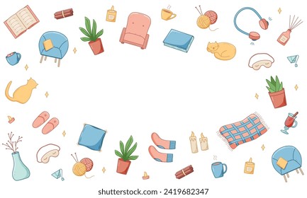 Cozy home set of doodle cartoon icons. Vector illustration elements of home accessories, comfort and everyday life.