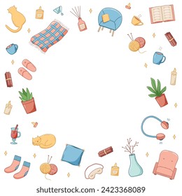 Cozy home set of doodle cartoon icons. Vector illustration elements of home accessories, comfort and everyday life.