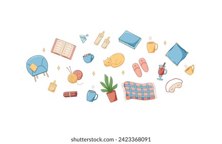 Cozy home set of doodle cartoon icons. Vector illustration elements of home accessories, comfort and everyday life.