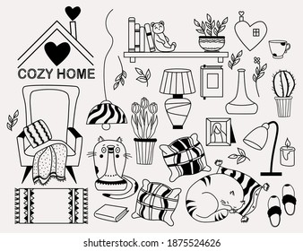 Cozy home. A set of doodles - a cat looking out from behind a vases, a cat sleeping on a pillow, a bookshelf and a teddy bear, an armchair with a blanket, flowerpots and slippers. Vector, outline