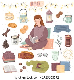 Cozy home set of items on the theme of comfort in a cartoon style on a white background. A girl in pajamas reading a book. Vector illustration