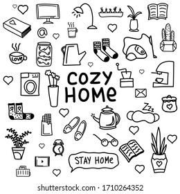 cozy home set. Pack of home quarantine self-isolation icons. Stay home set with a kettle, cup, washing machine, mug, socks, flowers, a lamp, a book, etc. Coronavirus prevention