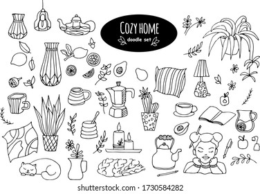 cozy home set. Vector set of hand-drawn icons, home elements isolated on white background.
