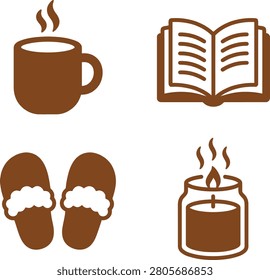 Cozy home setting featuring a steaming mug, open book, slippers, and lit candle for relaxation