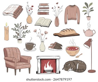 Cozy home sketch set with cat, fireplace, cup, chair, books, plant in pastel colors. Hand drawn doodle style

