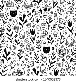 Cozy home stay doodles, tea, coffee, desserts, vector seamless pattern