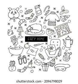A cozy home and a sweet home, a set of elements in the style of hand-drawn doodles. Vector icons symbols of comfort warm and cute