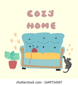 Cozy Home text, sofa with plant in the pot, knitting and cat. Living room interior. Retro furniture. Flat Vector illustration.