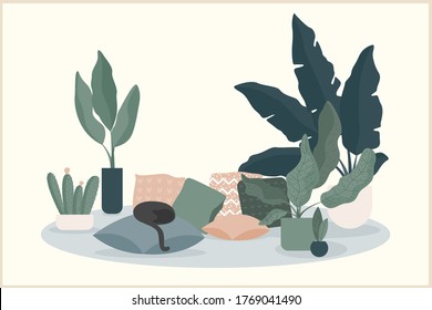 Cozy home theme handmade illustration. Simple room interior for use in design for home decorative prints, flower shop decor, wallpaper, bag or t-shirt print, art workshop  etc.