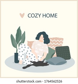 Cozy home theme handmade illustration.Simple girl room interior for use in design for home  decorative prints, flower shop decor, wallpaper, bag or t-shirt print, art workshop  etc.