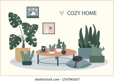 Cozy home theme handmade illustration.Simple room interior for use in design for home  decorative prints, flower shop decor, wallpaper, bag or t-shirt print, art workshop  etc.