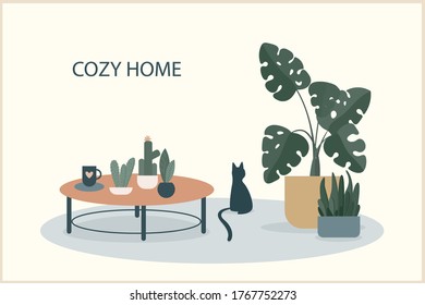 Cozy home theme handmade illustration.Simple room interior for use in design for home  decorative prints, flower shop decor, wallpaper, bag or t-shirt print, art workshop  etc.