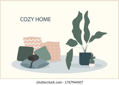 Cozy home theme handmade illustration.Simple room interior for use in design for home  decorative prints, flower shop decor, wallpaper, bag or t-shirt print, art workshop  etc.