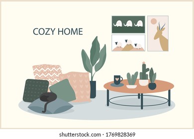 Cozy home theme handmade illustration.Simple room interior for use in design for home  decorative prints, flower shop decor, wallpaper, bag or t-shirt print, art workshop  etc.