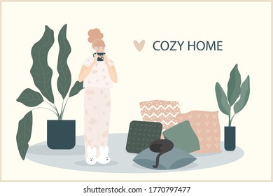 Cozy home theme handmade illustration.Simple girl room interior for use in design for home  decorative prints, flower shop decor, wallpaper, bag or t-shirt print, art workshop  etc.