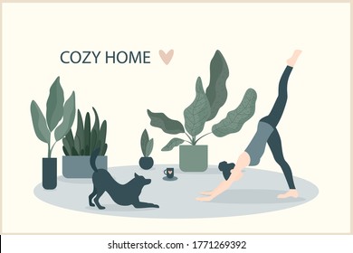 Cozy home theme handmade illustration.Simple room interior for use in design for home  decorative prints, flower shop decor, wallpaper, bag or t-shirt print, art workshop  etc.