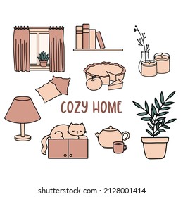 Cozy home vector doodle set with cat, window, indoor plants, book shelf, candles, kettle with mug, C, lamp, apple pie