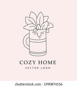 Cozy home vector logo in simple linear hand-drawn style. Succulent in face plant pot. Emblem, sign, element for interior store, for social media stories and posts. 