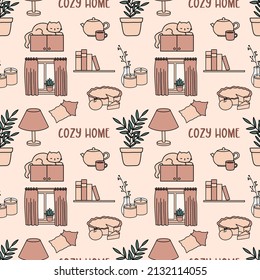 Cozy home vector seamless pattern with window, lamp, sleeping cat, indoor plants, tea, bookshelf and candles, warm and cozy home background